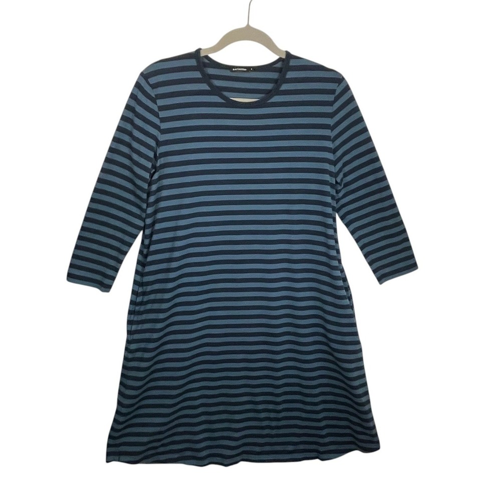 Marimekko Striped Cotton A-Line Dress Blue Navy 3/4 Sleeve Pockets Size M